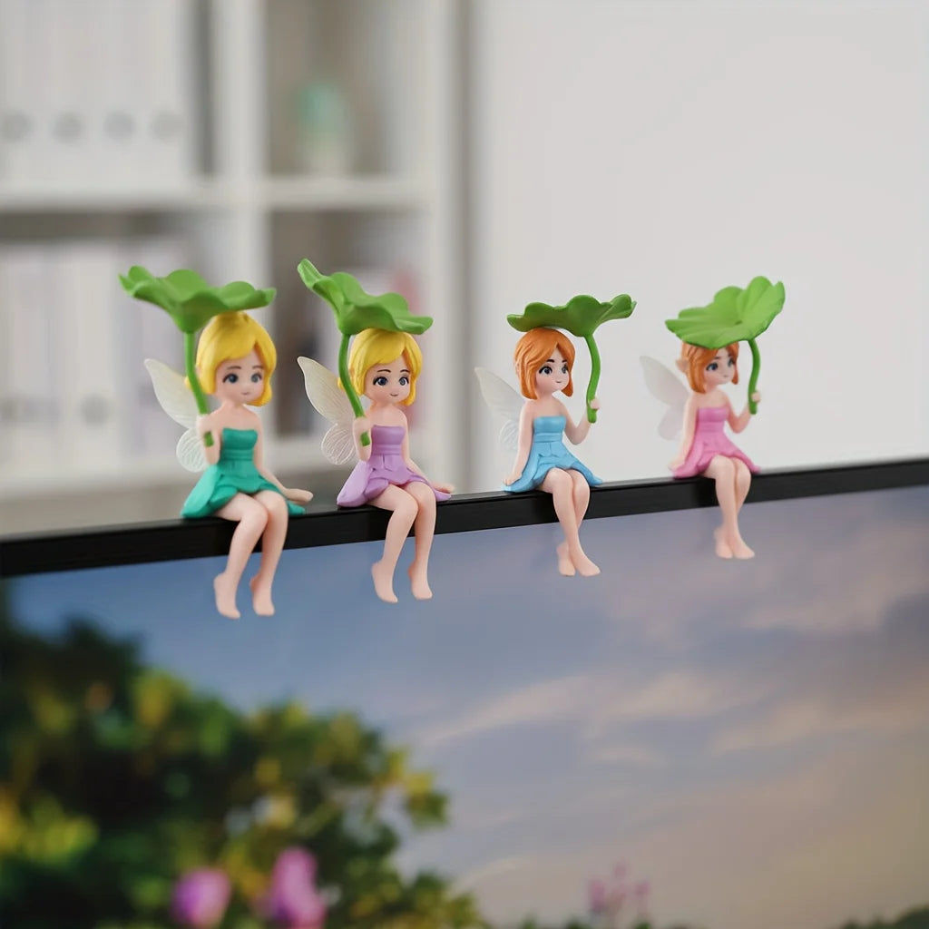 Feenfigur Set (4 Stück) | Niedliches Lotus Fee Design | Harzmaterial | Auto Mittelkonsole & Schreibtisch Dekor