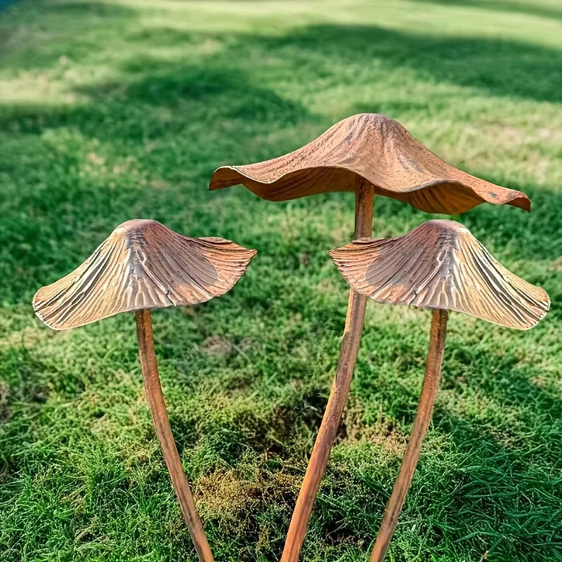Gartendekorationsset | Retro rostige Metallpilzskulpturen | 3-teiliges Set | Robustes Design